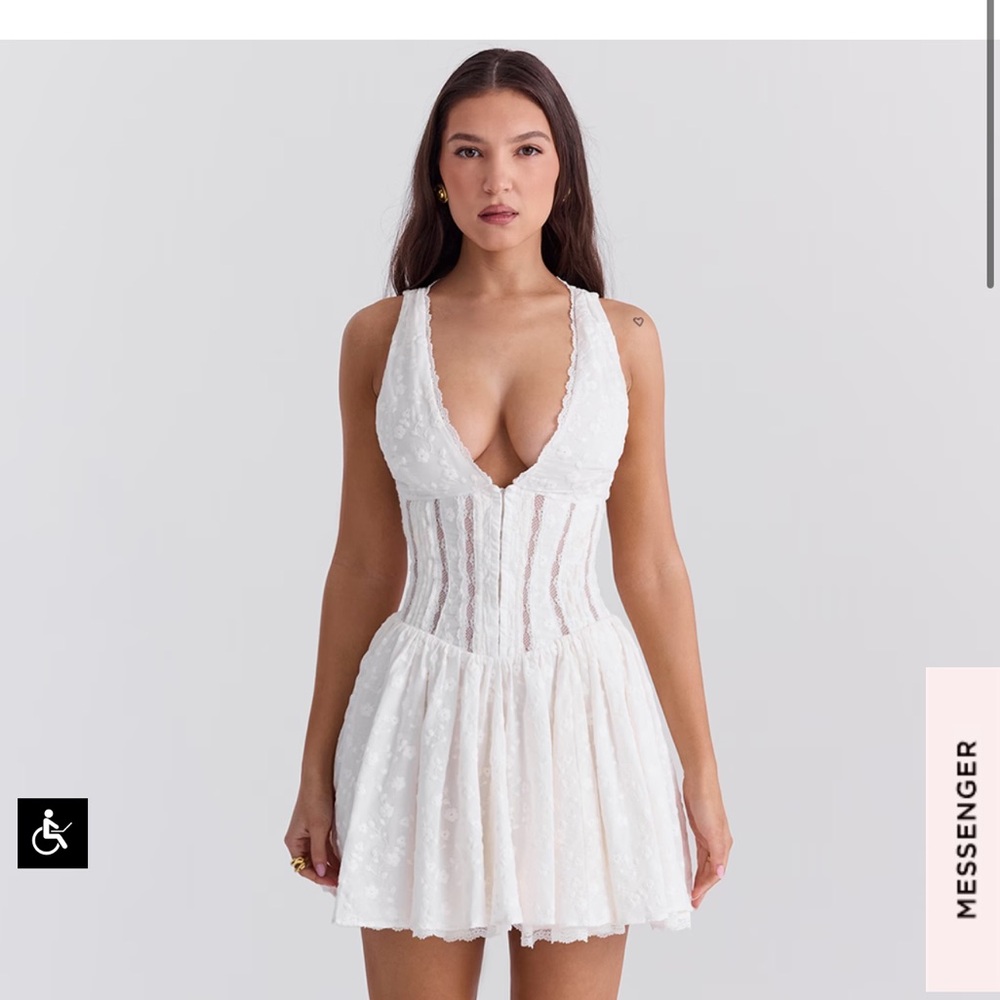 WHITE COTTON BRODERIE ANGLAIS PLUNGE MINI DRESS